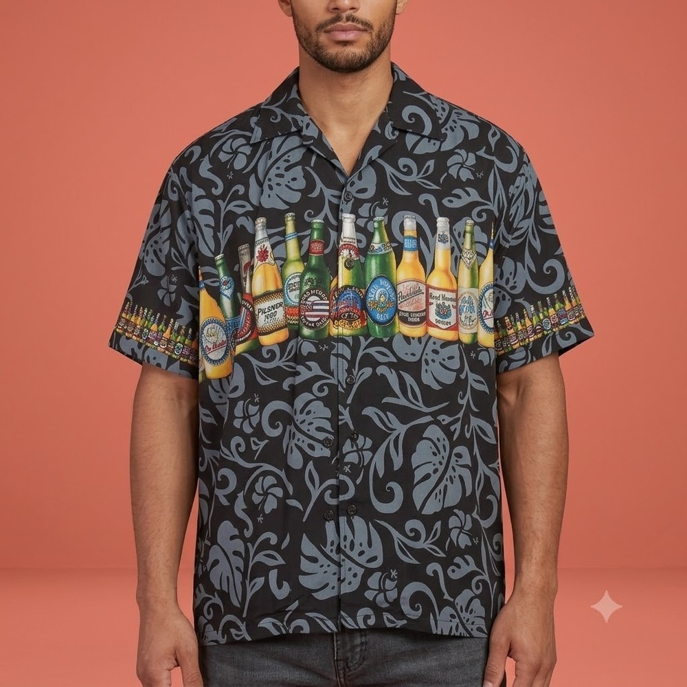 Oscar‎ Misa Hawaiian Shirt Mens 2XL Black Blue Beer Bottles Tropical Polyester